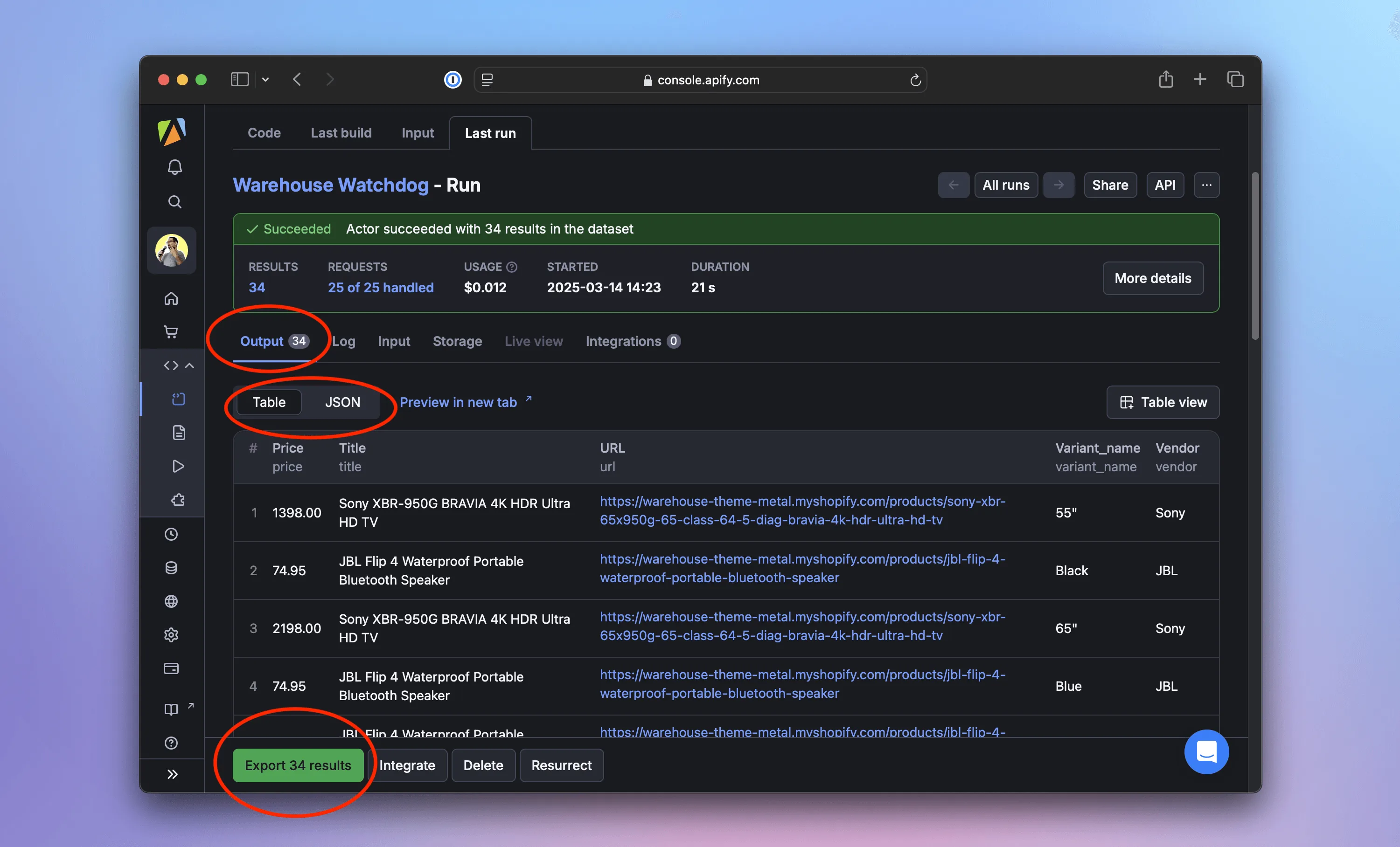 Actor&#39;s detail page, screen Source, tab Output