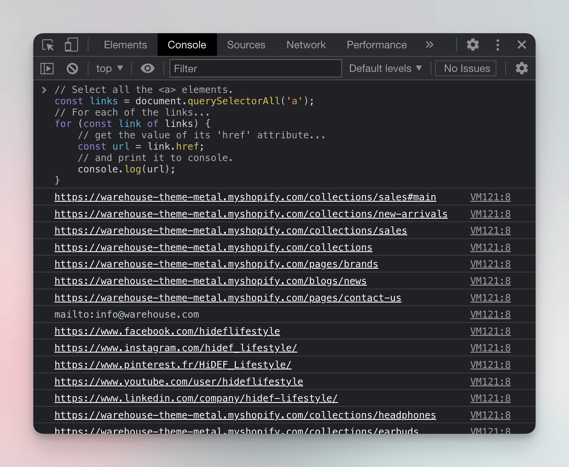 links extracted from Warehouse store
