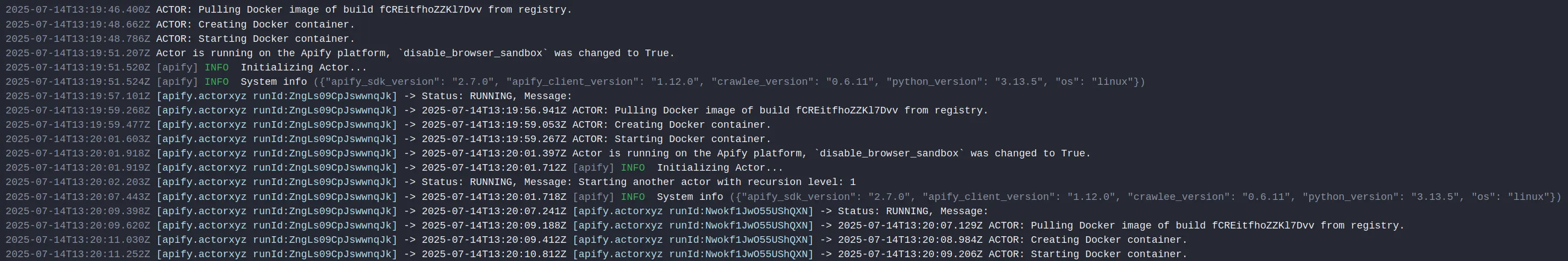Example of console with redirected logs from recursively started actor. Console with redirected logs